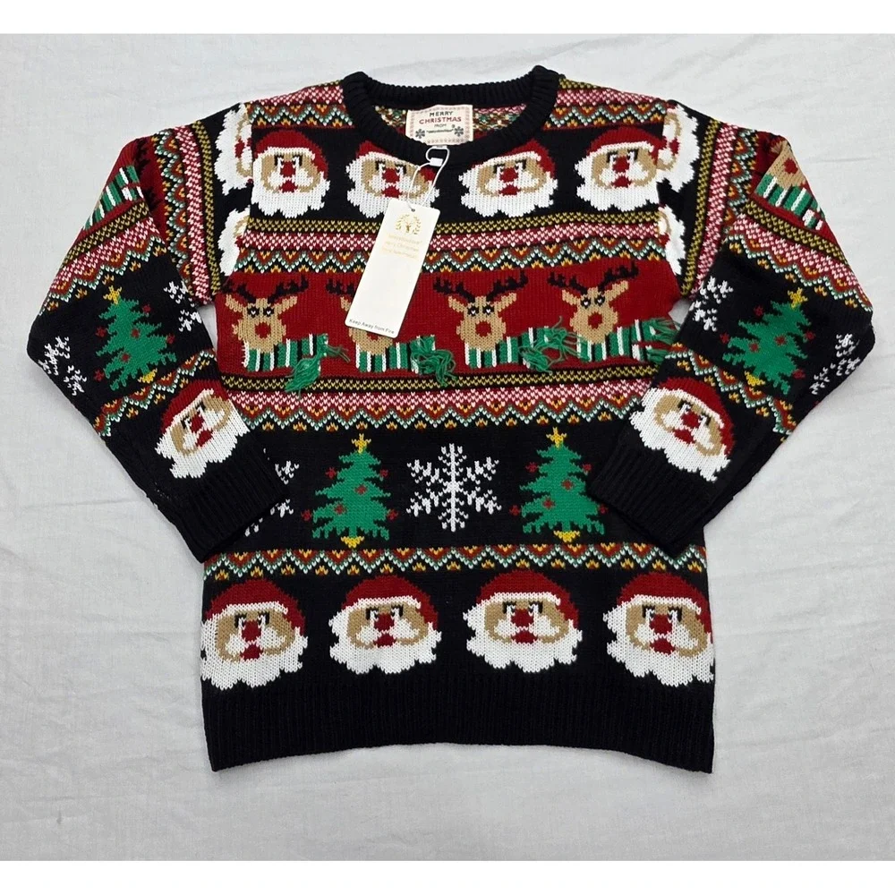 Daisys Boutique Santa Reindeer Ugly Christmas Sweater Black Red Mens Medium NWT